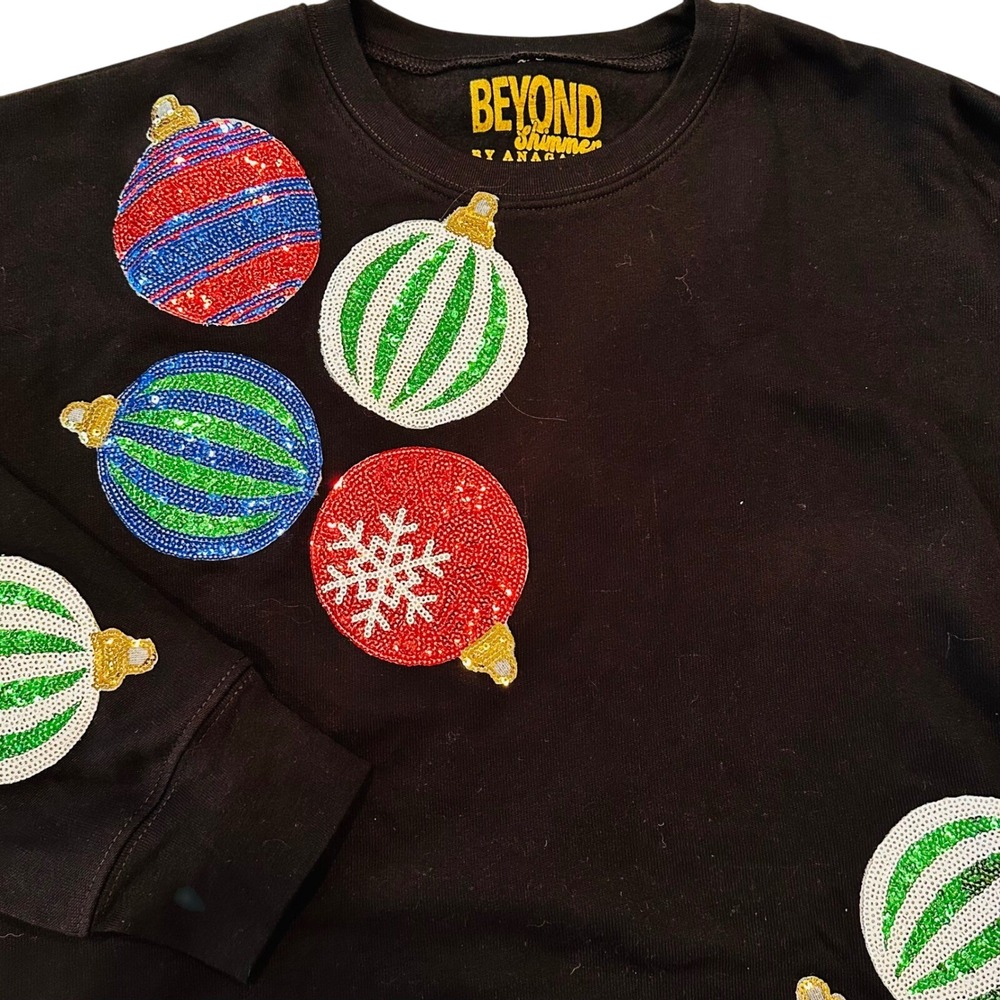 Beyond Shimmer AnaGails Ornament Sweatshirt Womens Medium Black Sequin Christmas